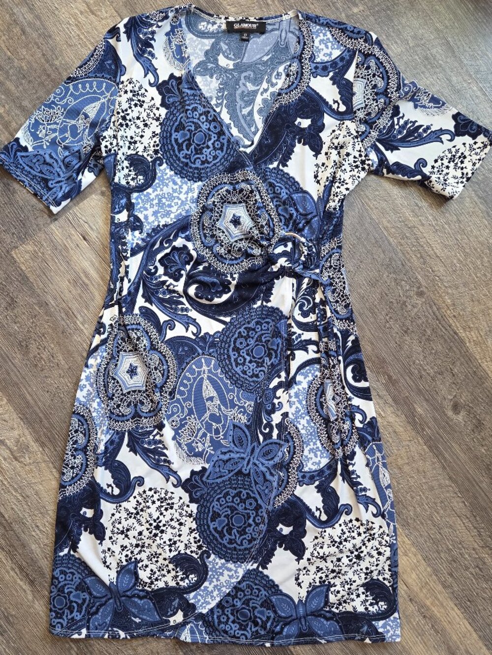Navy & White Paisley Print Faux Wrap Dress Sz 10 Glamour & Co